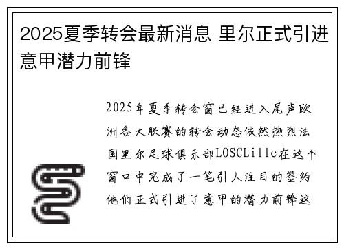 2025夏季转会最新消息 里尔正式引进意甲潜力前锋 2025夏季转会最新消息 里尔正式引进意甲潜力前锋